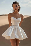 White Sweetheart A Line Satin Short Graduation Dress with Beading