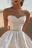 White Sweetheart A Line Satin Short Graduation Dress with Beading