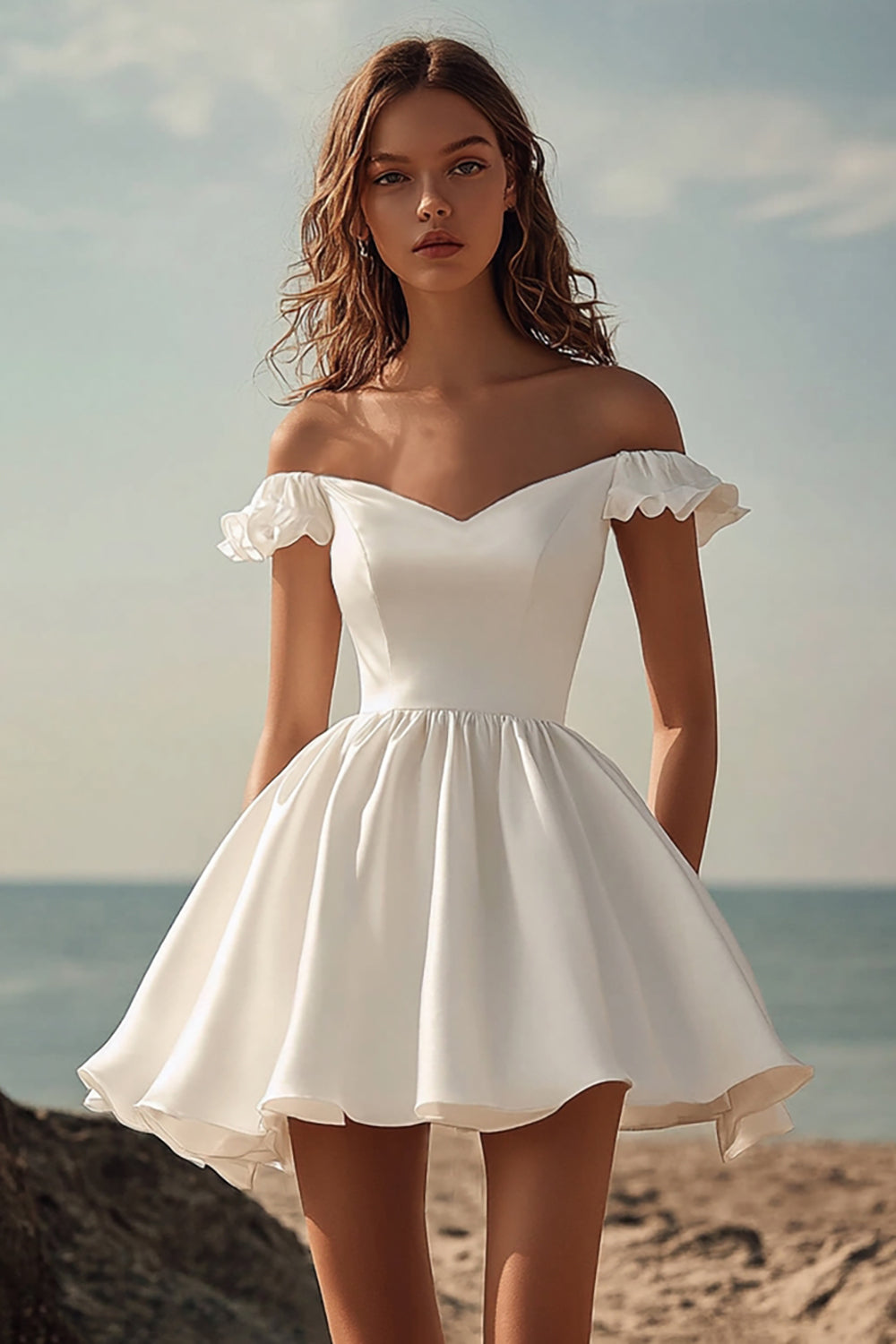White Satin Off the Shoulder A Line Mini Graduation Dress with Ruffles
