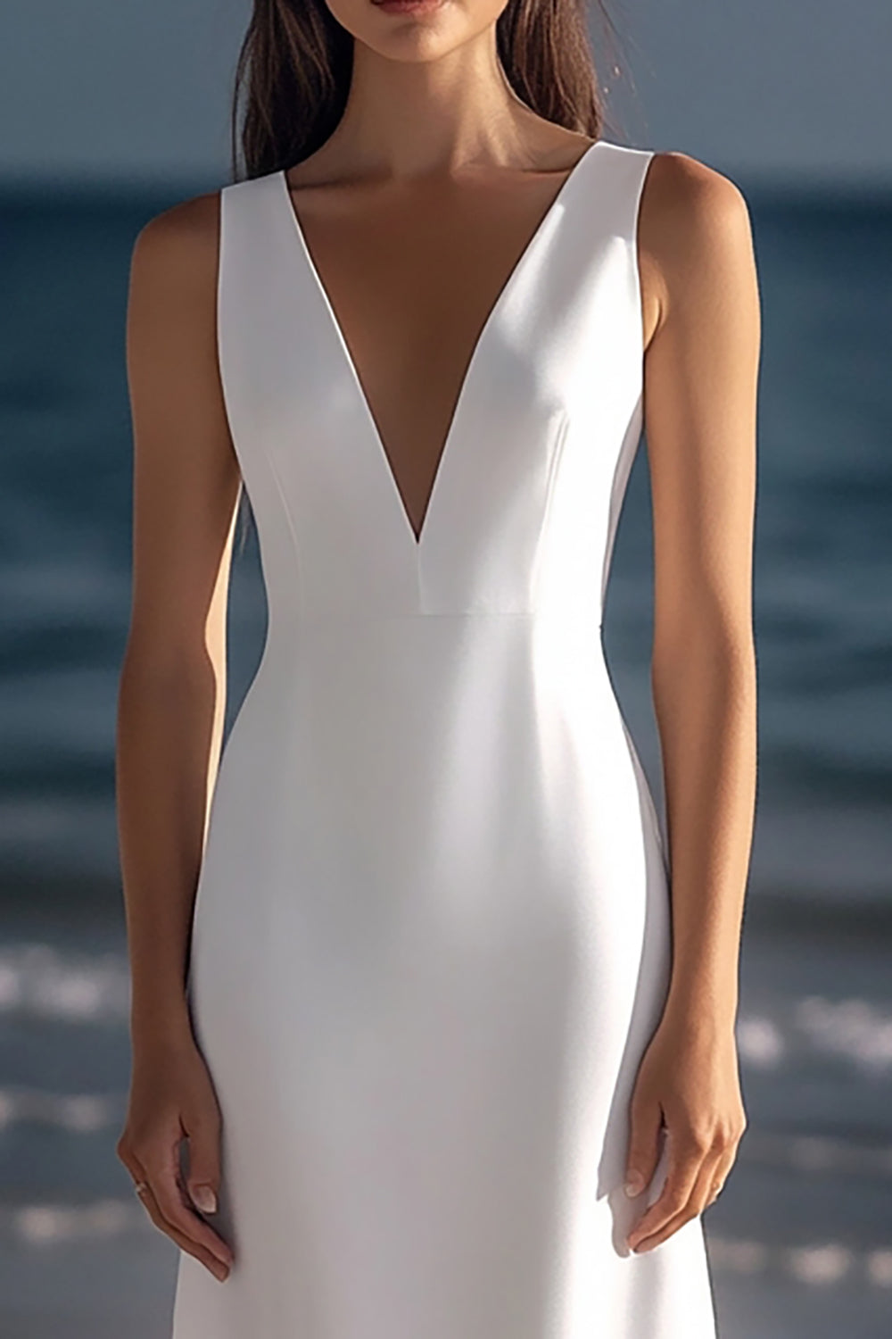 White Satin V Neck Bodycon Midi Boho Graduation Dress