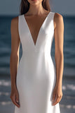 White Satin V Neck Bodycon Midi Boho Graduation Dress