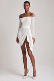 White Sequins Off The Shoulder Short Graduation Dress with Long Sleeves