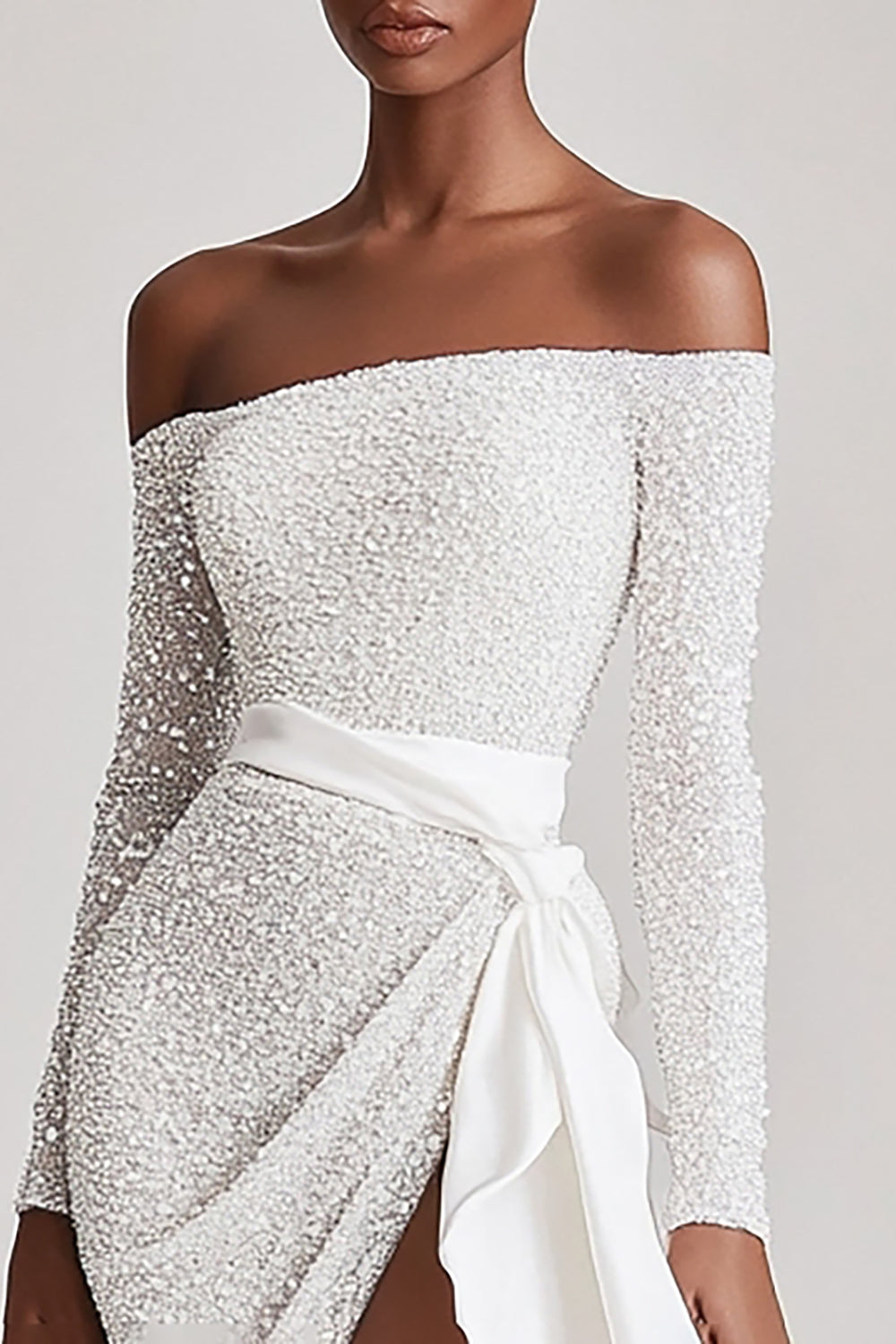 White Sequins Off The Shoulder Short Graduation Dress with Long Sleeves