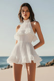White Organza Halter Sleeveless A Line Short Graduation Dress with Ruffles