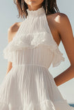 White Organza Halter Sleeveless A Line Short Graduation Dress with Ruffles