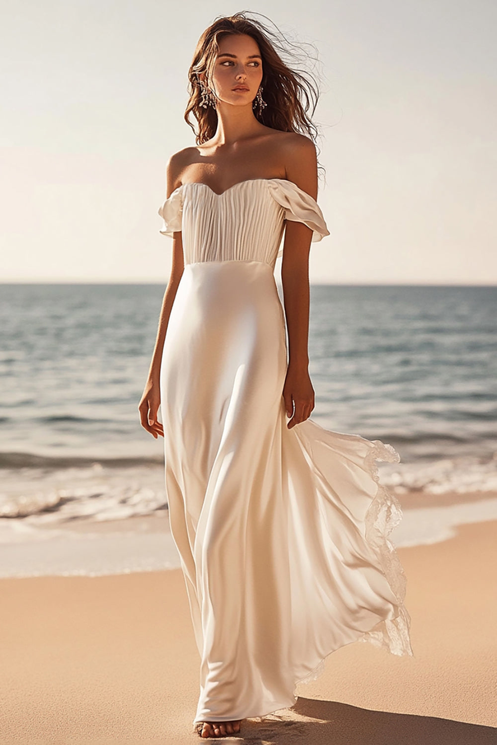 Ivory Satin Off The Shoulder Sheath Boho Maxi Dress with Ruffles