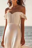 Ivory Satin Off The Shoulder Sheath Boho Maxi Dress with Ruffles
