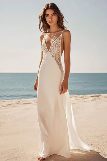 White Satin V Neck Sheath Boho Maxi Dress with Lace