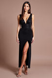 Sparkly Black V Neck Sequin Long Formal Dress with Slit