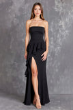 Black Chiffon Strapless Ruffled Long Formal Dress with Slit