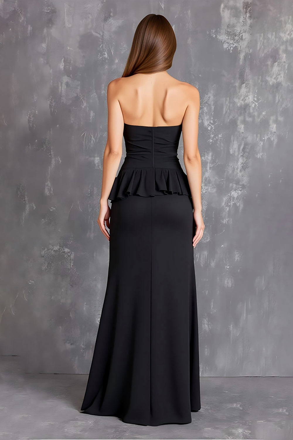 Black Chiffon Strapless Ruffled Long Formal Dress with Slit