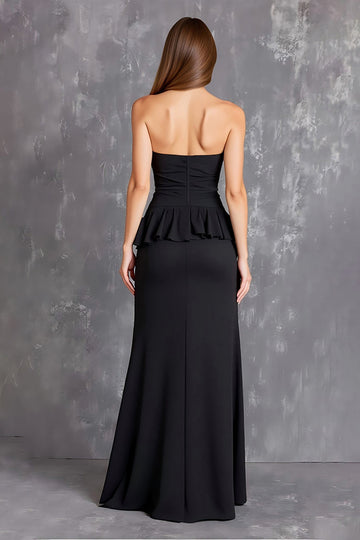Black Chiffon Strapless Ruffled Long Formal Dress with Slit
