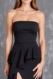 Black Chiffon Strapless Ruffled Long Formal Dress with Slit