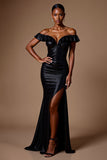 Sparkly Black Sequins Off the Shoulder Long Formal Dress with Slit