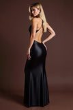 Black Satin V Neck Mermaid Long Formal Dress with Slit