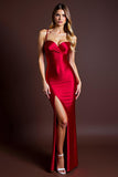 Red Satin Spaghetti Straps Sheath Long Formal Dress with Slit