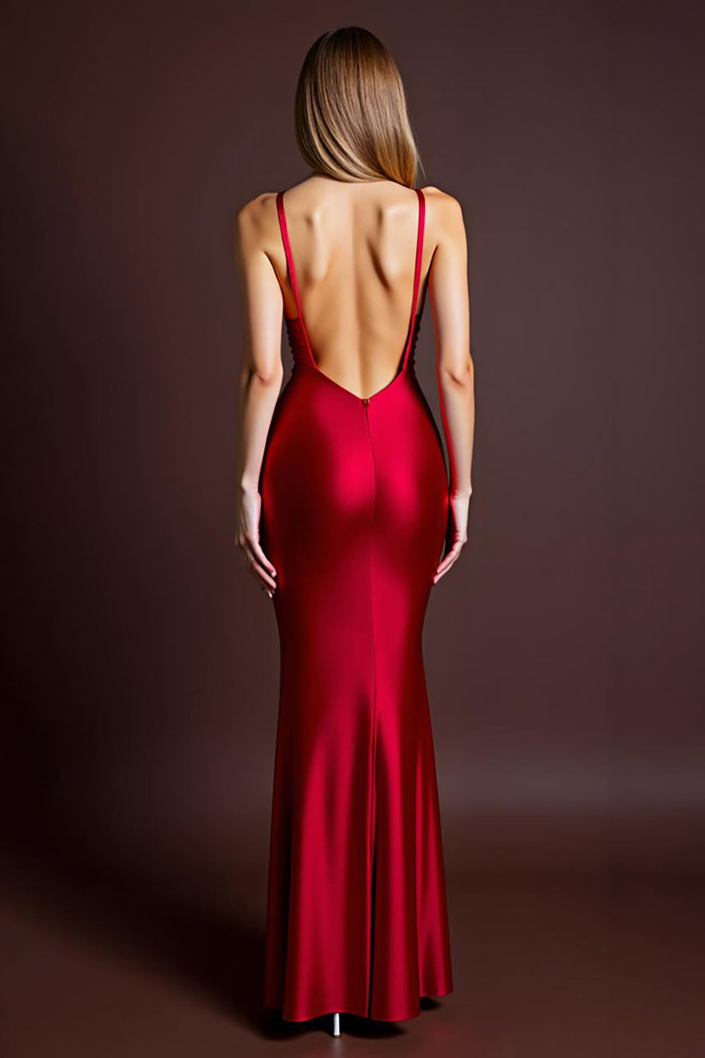 Red Satin Spaghetti Straps Sheath Long Formal Dress with Slit