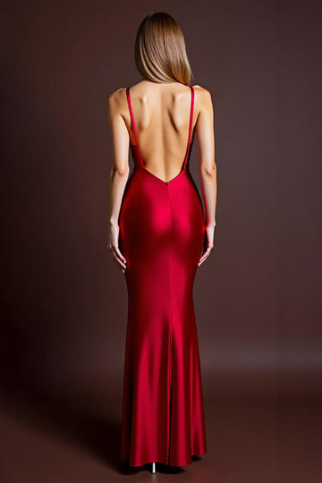 Red Satin Spaghetti Straps Sheath Long Formal Dress with Slit