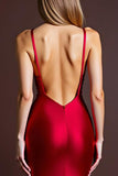 Red Satin Spaghetti Straps Sheath Long Formal Dress with Slit