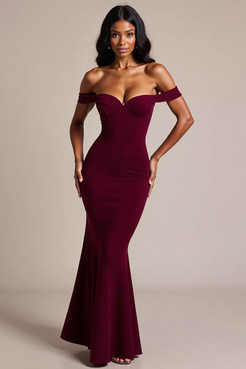 Burgundy Crepe Mermaid Off the Shoulder Long Formal Dress