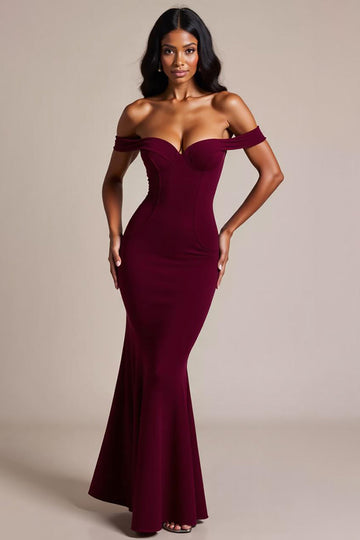 Burgundy Crepe Mermaid Off the Shoulder Long Formal Dress