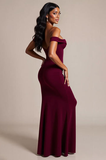 Burgundy Crepe Mermaid Off the Shoulder Long Formal Dress