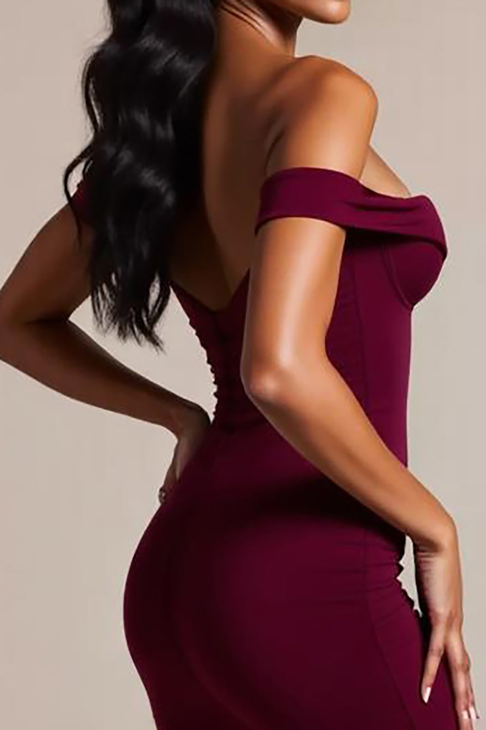 Burgundy Crepe Mermaid Off the Shoulder Long Formal Dress