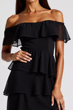Black Chiffon Off the Shoulder Tiered A Line Short Cocktail Dress