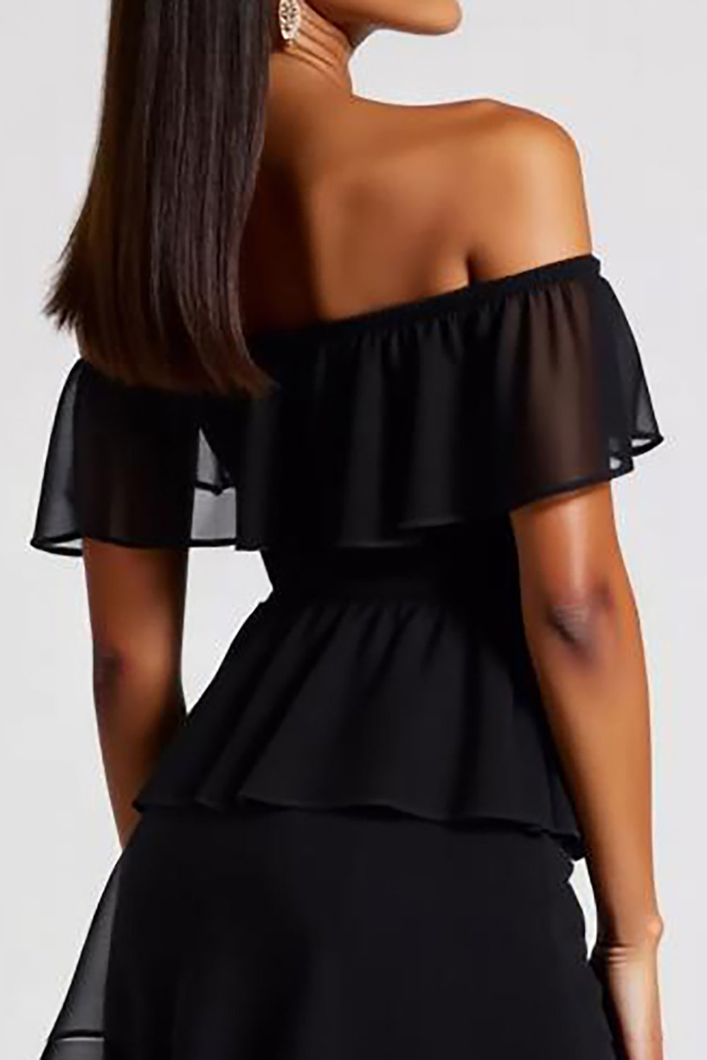 Black Chiffon Off the Shoulder Tiered A Line Short Cocktail Dress