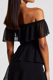 Black Chiffon Off the Shoulder Tiered A Line Short Cocktail Dress
