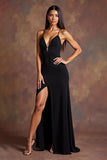 Black Satin Spaghetti Straps Long Sheath Formal Dress with Slit