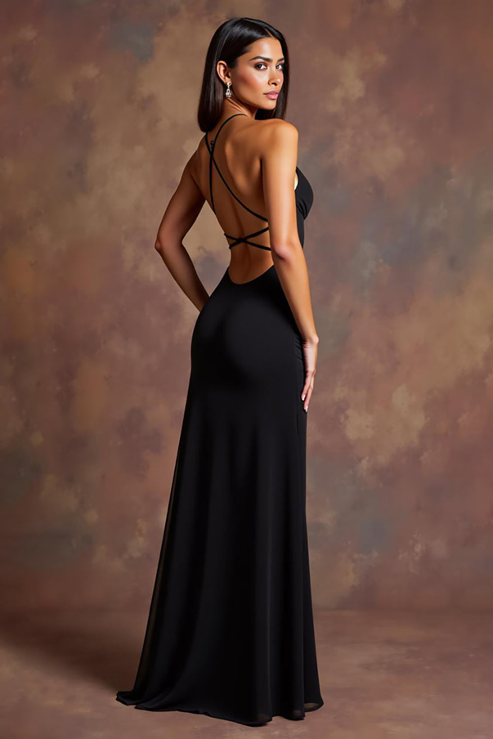 Black Satin Spaghetti Straps Long Sheath Formal Dress with Slit