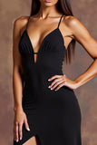 Black Satin Spaghetti Straps Long Sheath Formal Dress with Slit