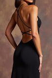 Black Satin Spaghetti Straps Long Sheath Formal Dress with Slit