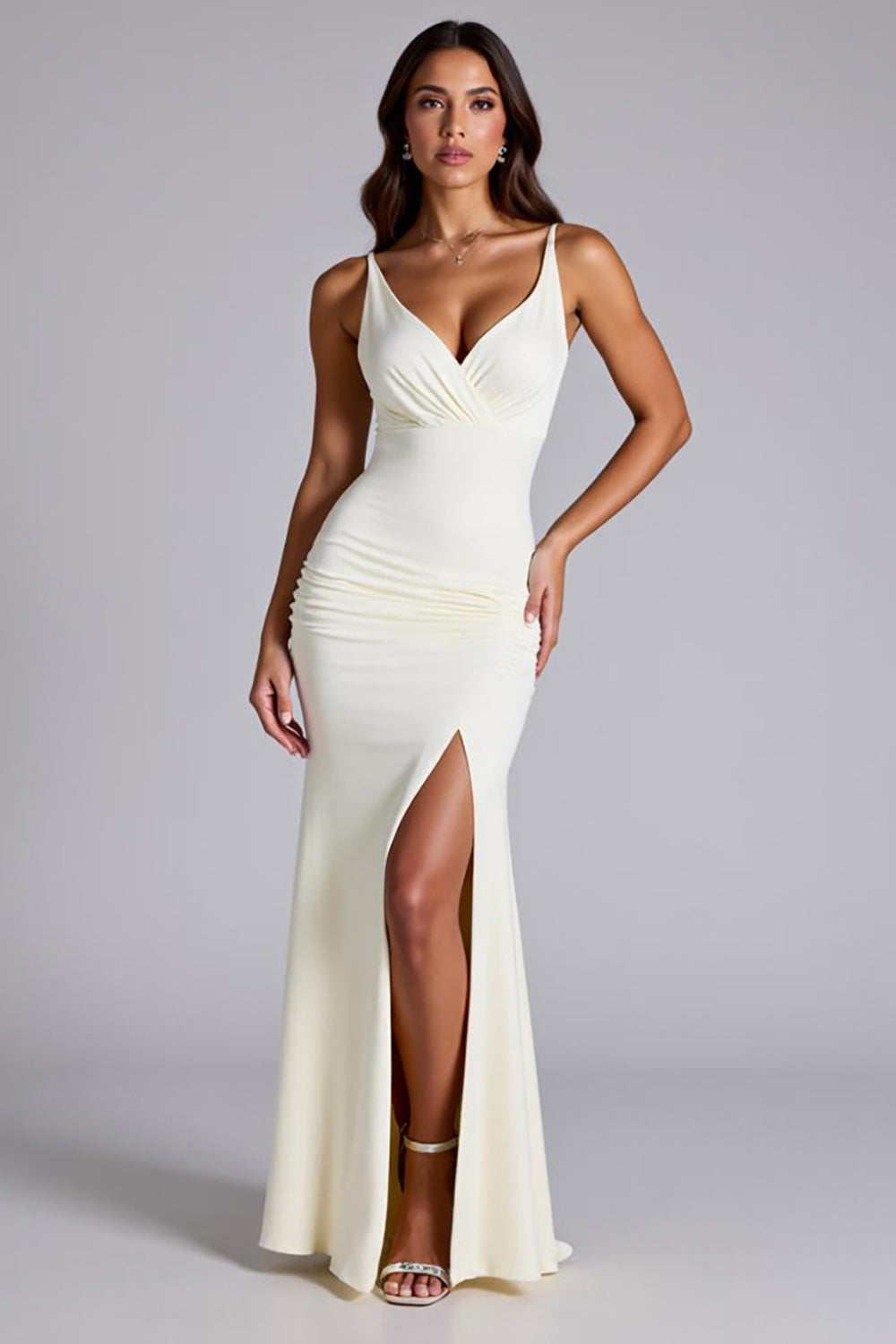 Ivory V-Neck Matte Satin Ruched Sheath Long Formal Dress with Slit