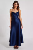 Navy Satin A Line Spaghetti Straps Long Formal Dress