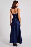 Navy Satin A Line Spaghetti Straps Long Formal Dress