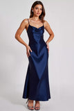 Navy Satin A Line Spaghetti Straps Long Formal Dress