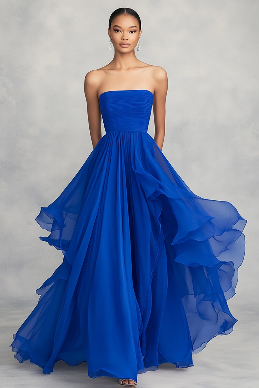 Royal Blue Ruffled Ball Gown Chiffon Strapless Pleated Long Formal Dress