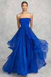 Royal Blue Ruffled Ball Gown Chiffon Strapless Pleated Long Formal Dress