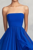 Royal Blue Ruffled Ball Gown Chiffon Strapless Pleated Long Formal Dress