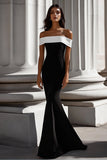 Black White Crepe Mermaid Off the Shoulder Long Formal Dress