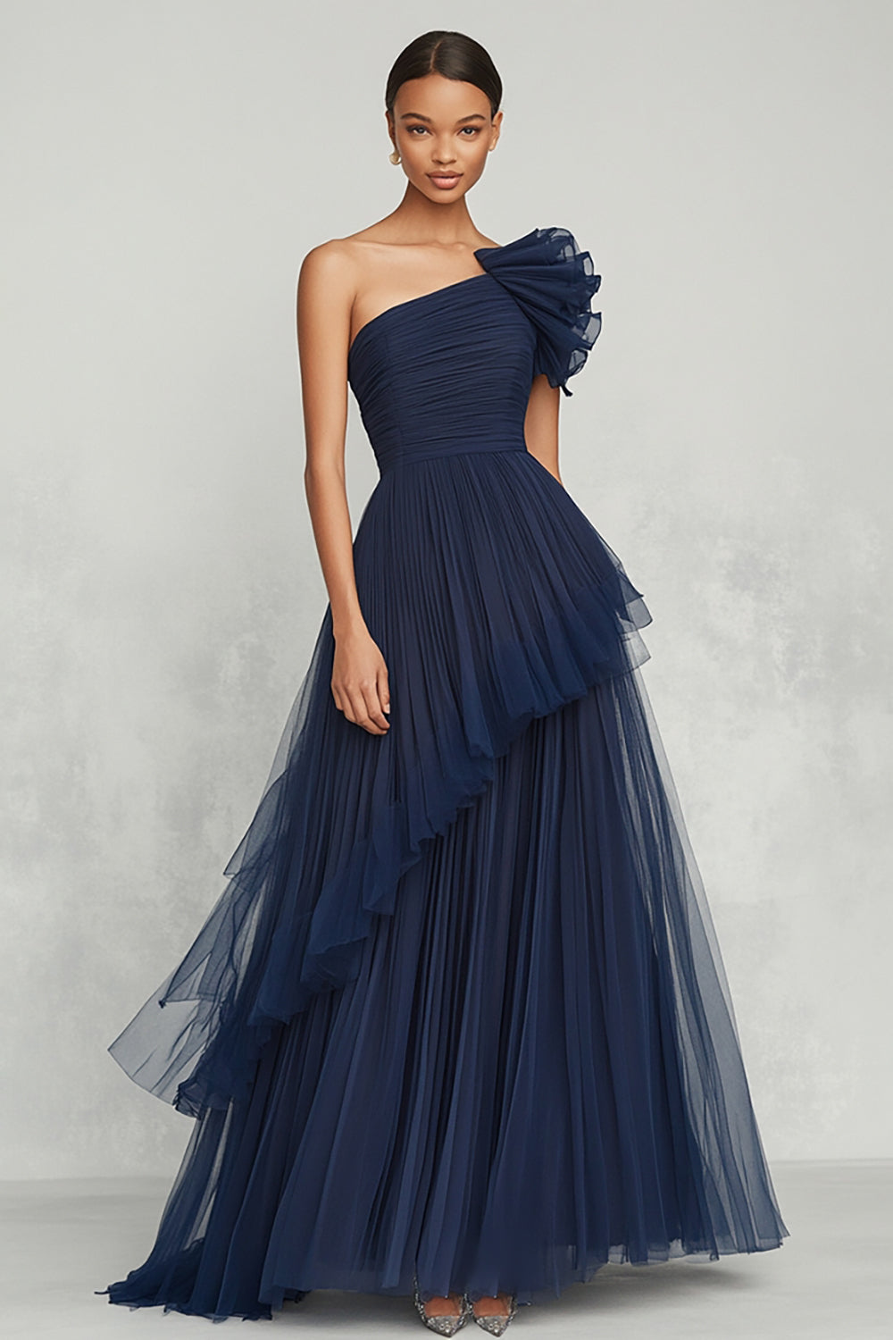 Navy Tulle Ball Gown One Shoulder Pleated Formal Dress