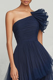 Navy Tulle Ball Gown One Shoulder Pleated Formal Dress