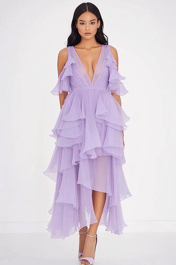 Lilac Deep V Neck Chiffon Ruffled A Line Asymmetrical Formal Dress