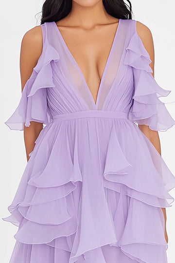 Lilac Deep V Neck Chiffon Ruffled A Line Asymmetrical Formal Dress