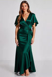 Dark Green Satin Short Sleeves V Neck A Line Long Formal Dress