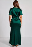 Dark Green Satin Short Sleeves V Neck A Line Long Formal Dress