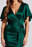 Dark Green Satin Short Sleeves V Neck A Line Long Formal Dress