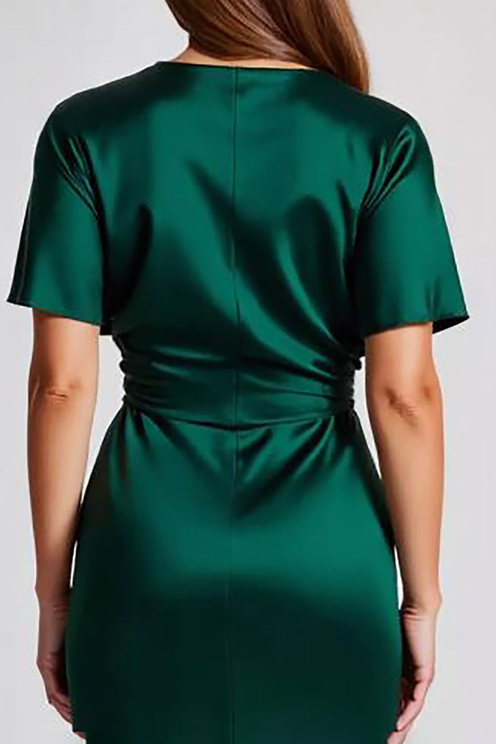 Dark Green Satin Short Sleeves V Neck A Line Long Formal Dress